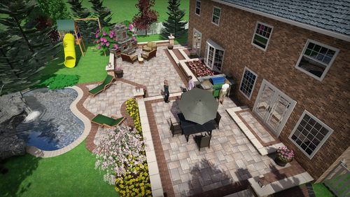 Backyard patio with play area and landscaping.