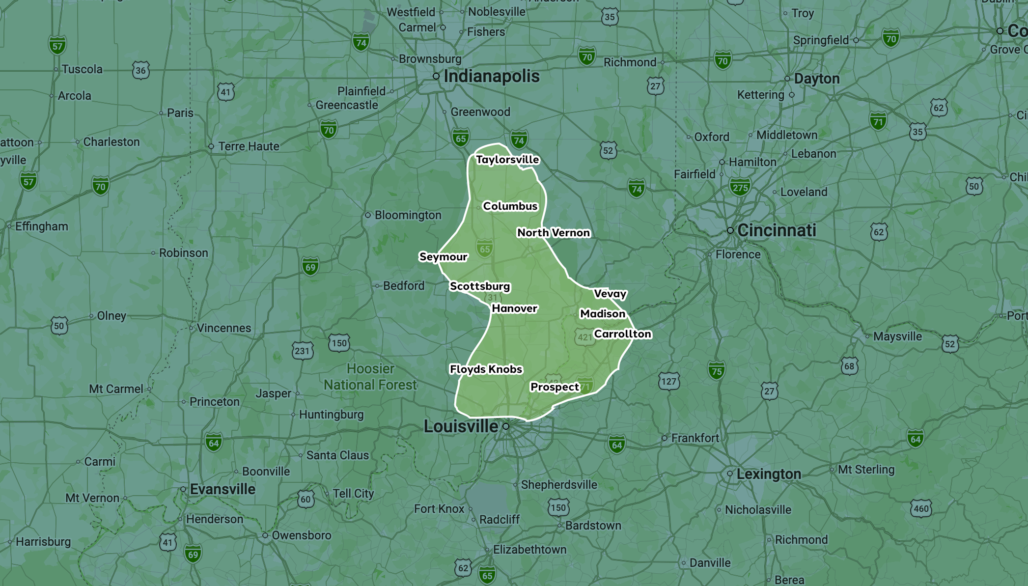 Map highlighting Southern Indiana towns and cities.