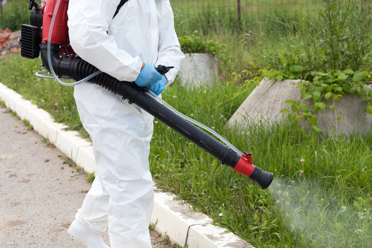 Person spraying pesticides on grass