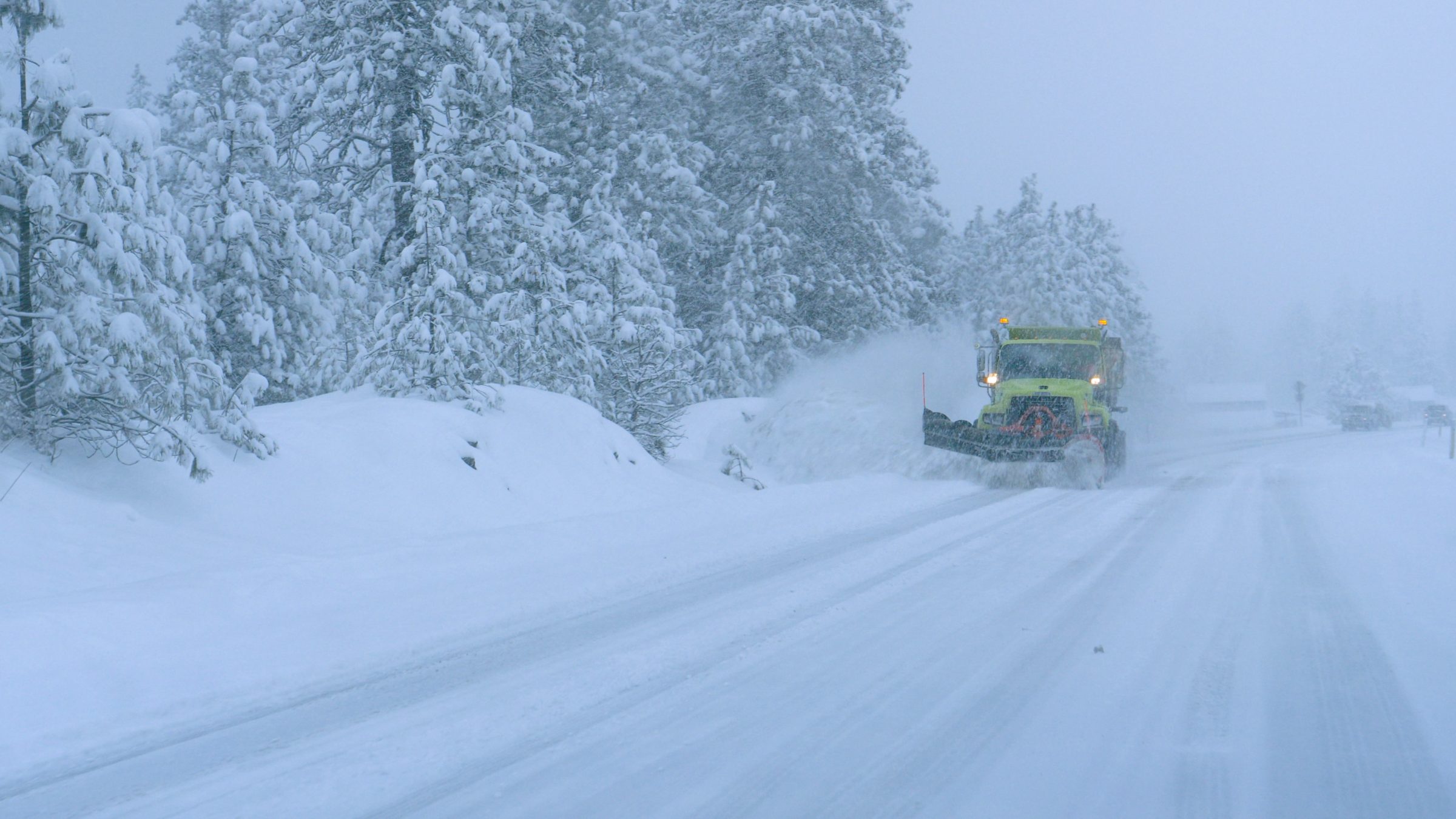 Snowplow clearing road in snowy forest scene.