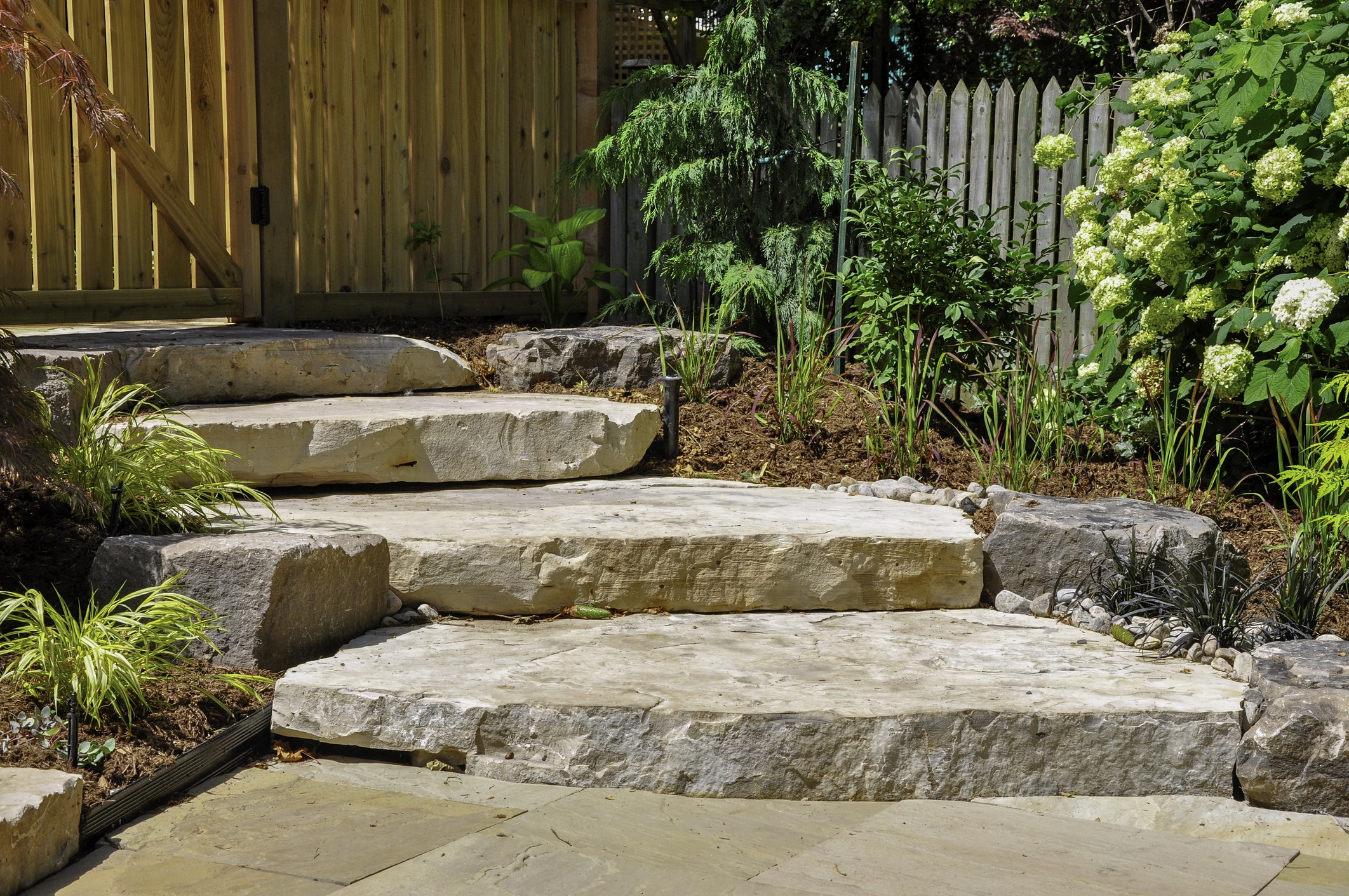 Stone garden path with greenery and flowers.
