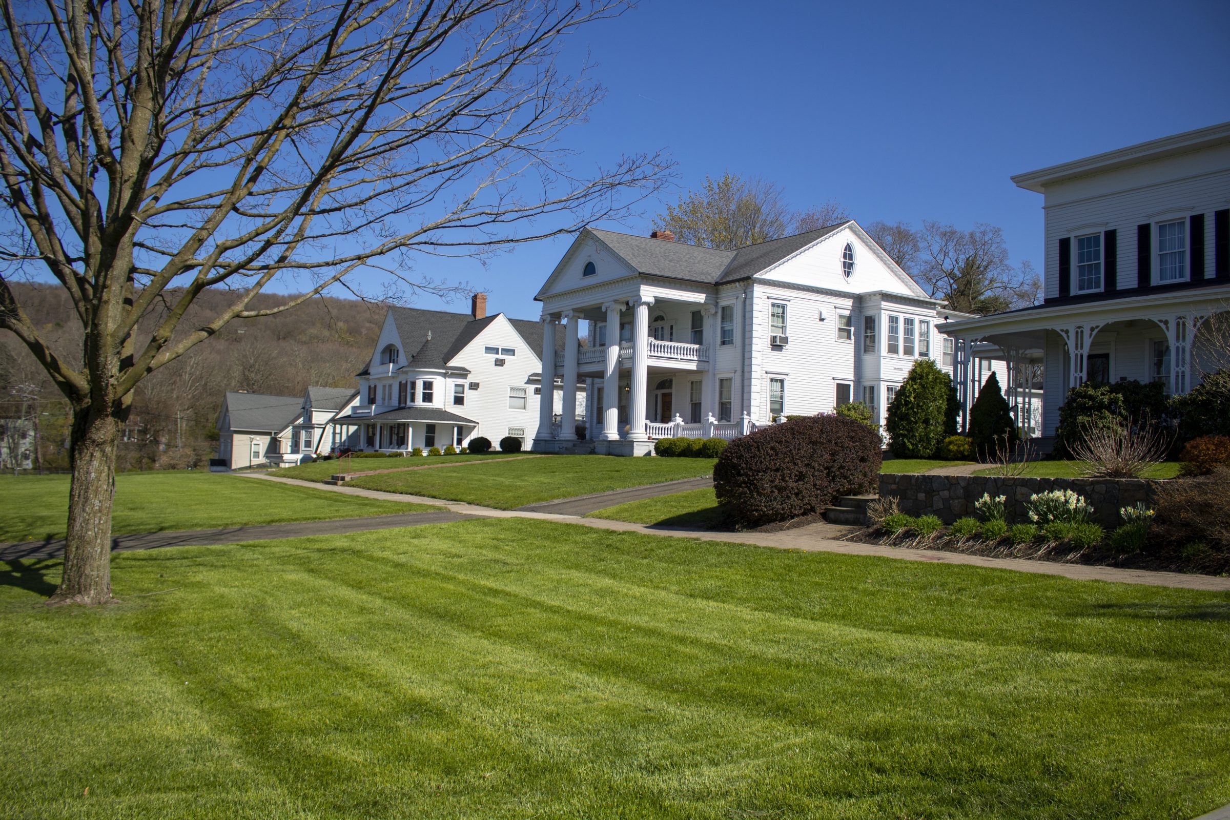 White colonial houses with green lawns and trees.