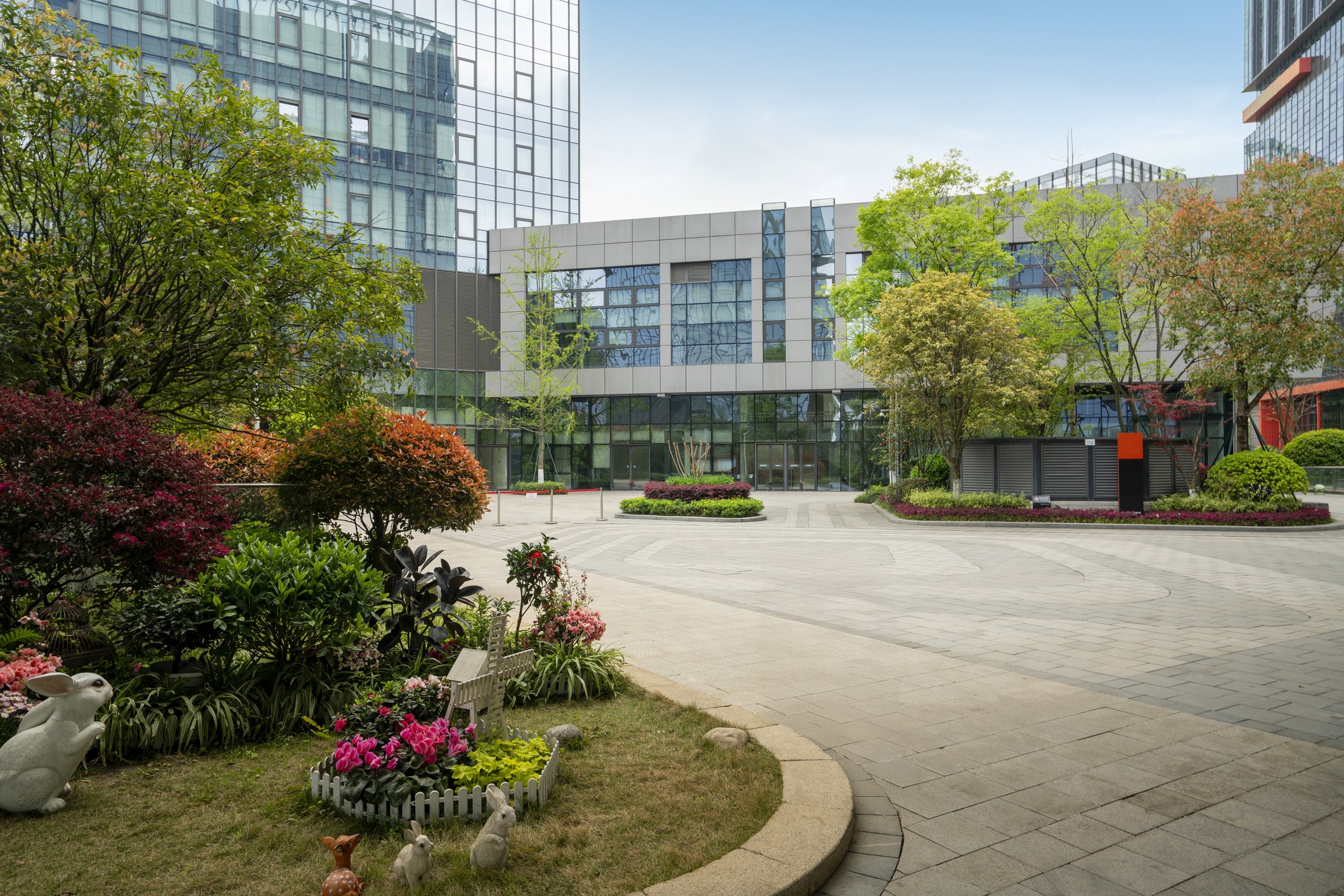 Modern office building with landscaped garden.