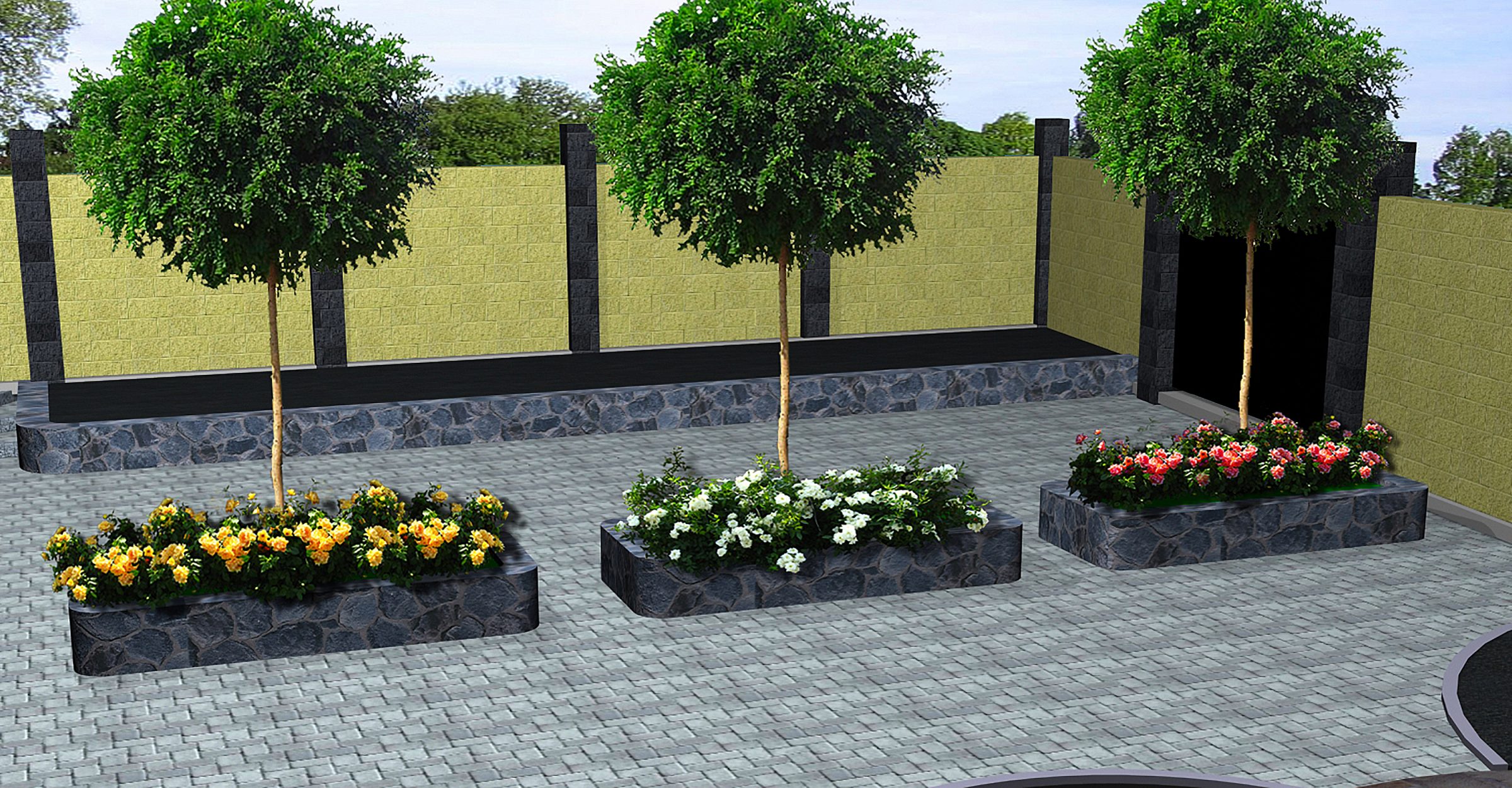 Outdoor garden with flowers and trees in planters.