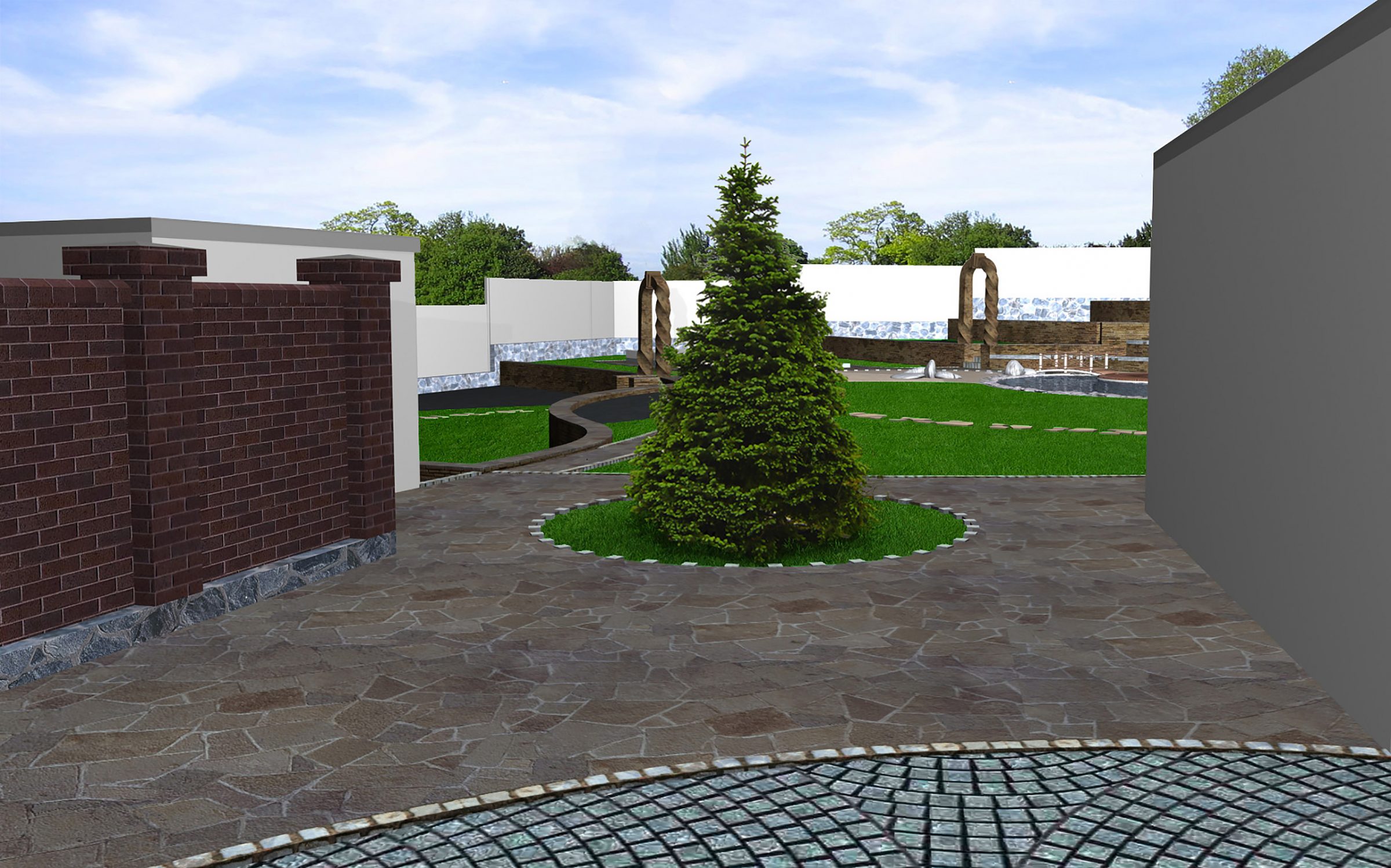 Outdoor courtyard with tree and pathways.