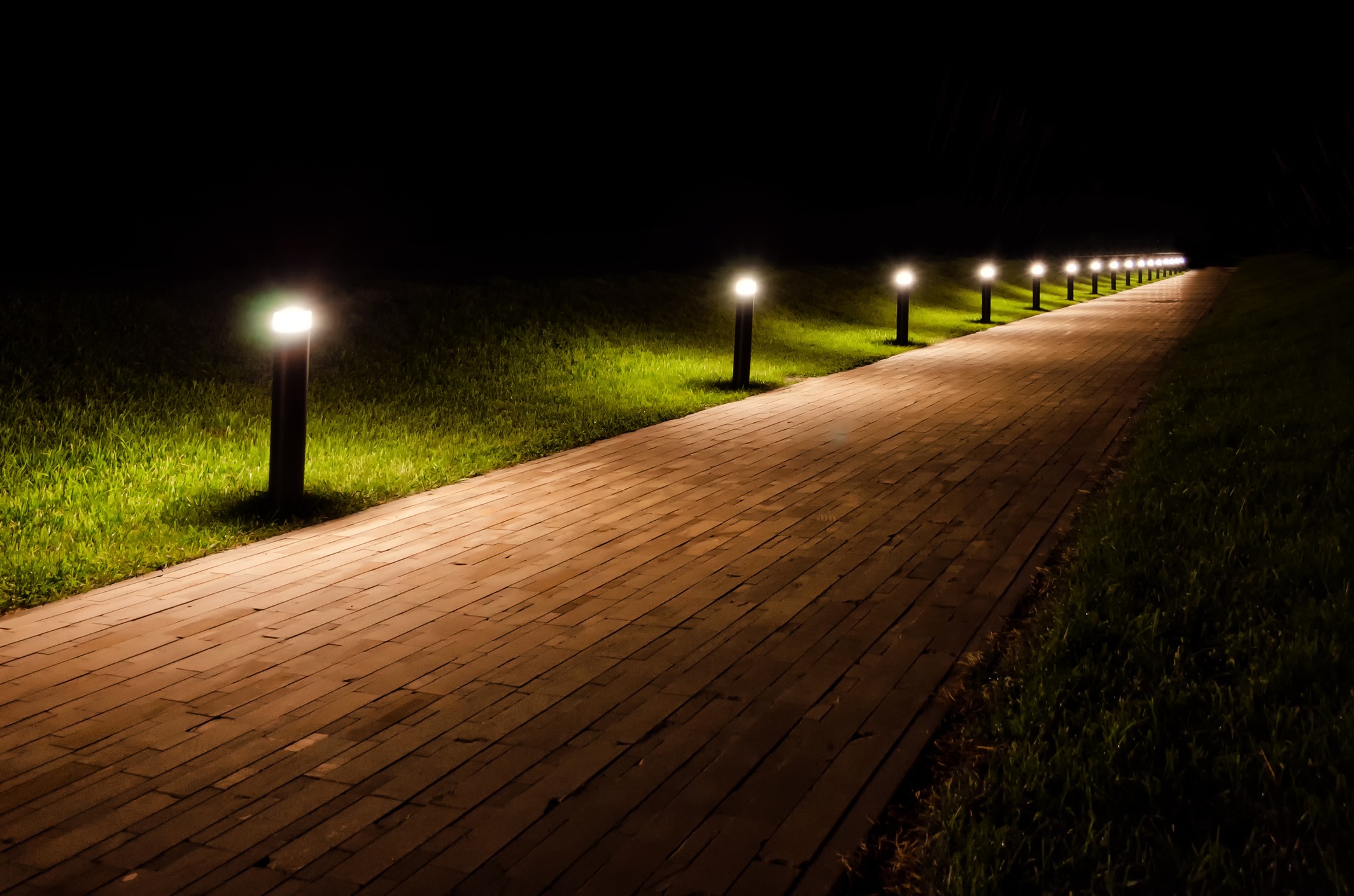Night path with illuminated lights