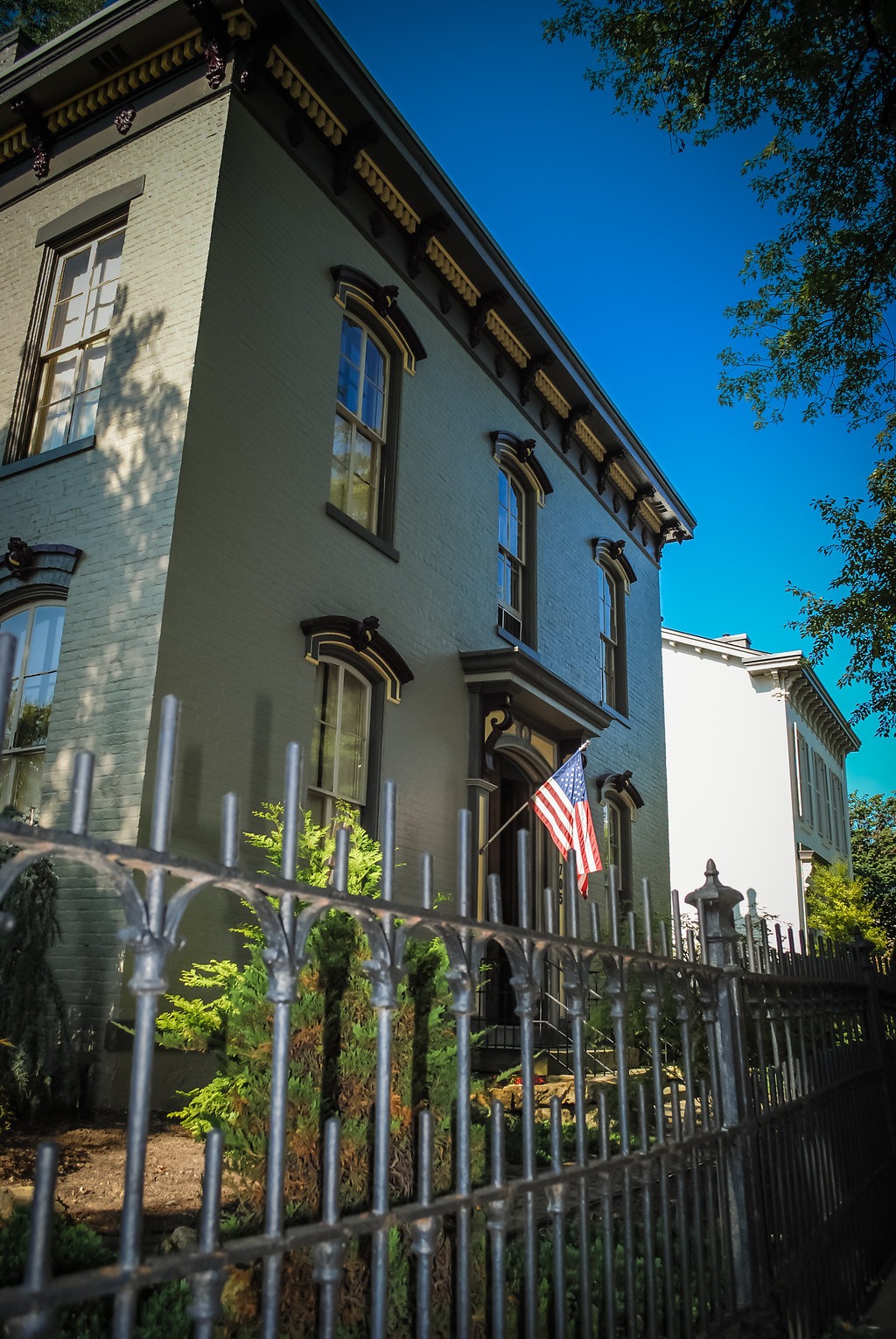 Historic house with American flag